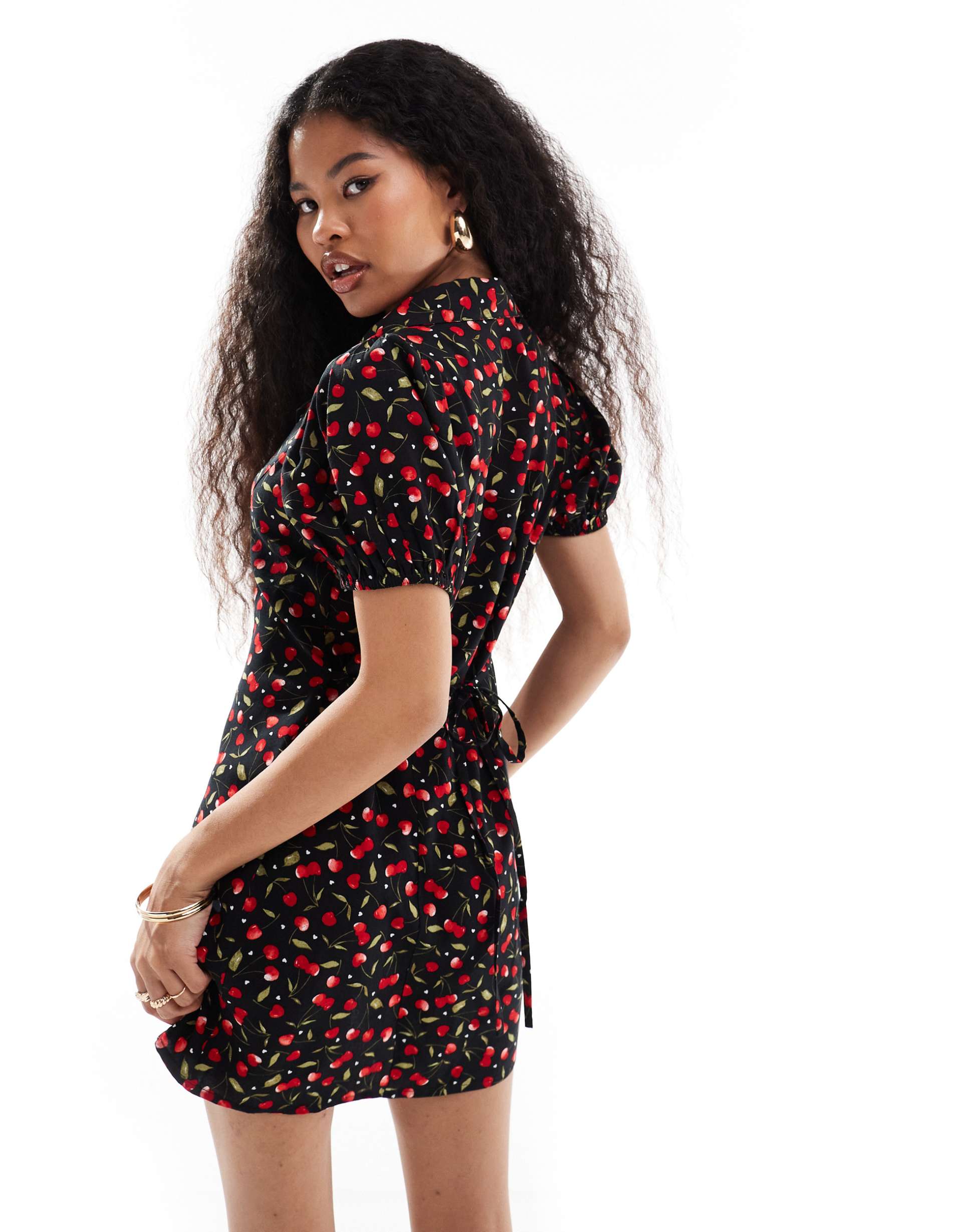 miss selfridge button through mini tea dress in cherry print