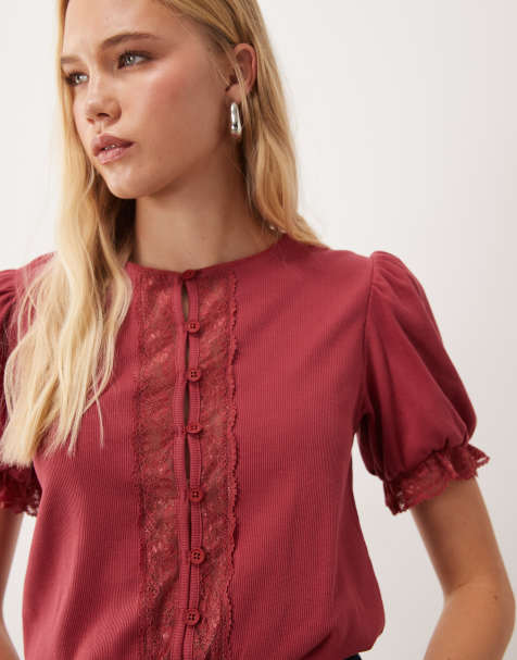 Miss Selfridge button through puff sleeve top in red - view 1