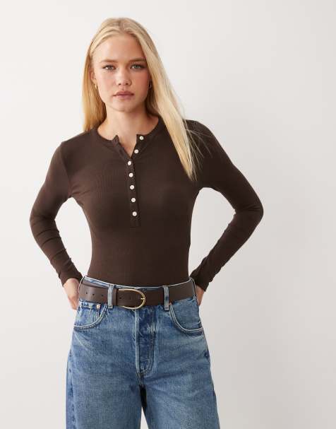 Miss Selfridge button through rib bodysuit in chocolate - view 1