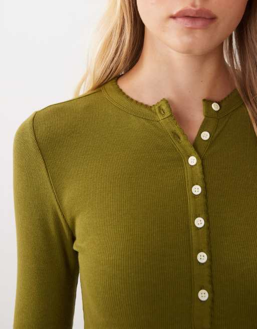 Miss Selfridge button through rib bodysuit in olive, 2 of 4