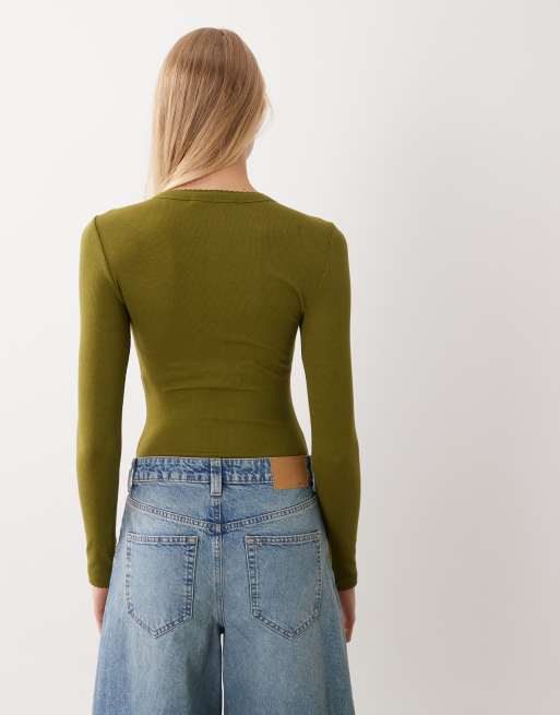 Miss Selfridge button through rib bodysuit in olive, 4 of 4