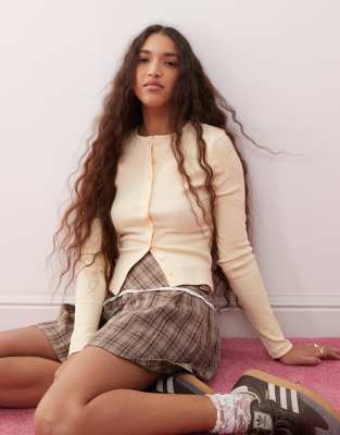 Miss Selfridge Button Through Rib Crew Neck Cardigan In Buttermilk Yellow