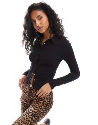 Shop Miss Selfridge button through rib shirt in black Online – Trendy & Affordable Fashion
