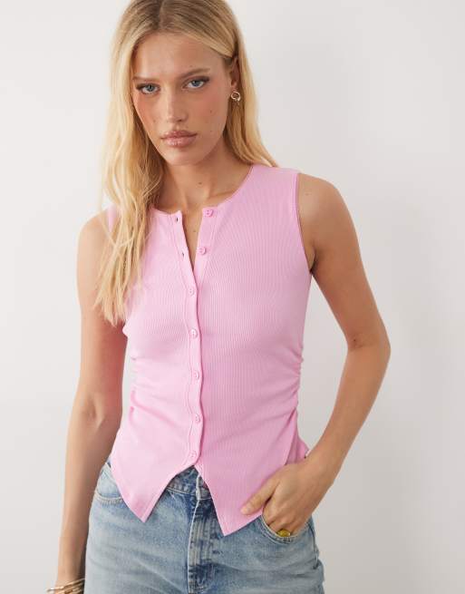 Miss Selfridge button through rib tank with picot trim in pink, 2 of 4