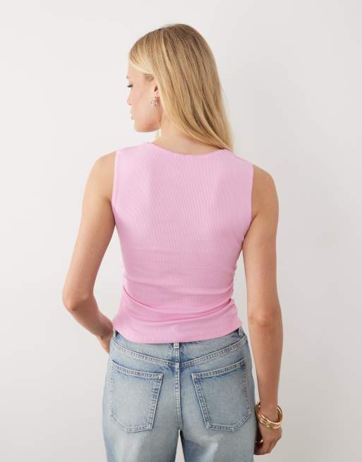 Miss Selfridge button through rib tank with picot trim in pink, 4 of 4