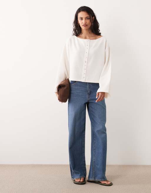 Miss Selfridge button through slash neck cardigan with flared sleeve in cream, 2 of 4