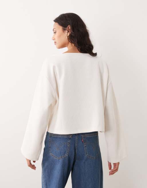 Miss Selfridge button through slash neck cardigan with flared sleeve in cream, 4 of 4