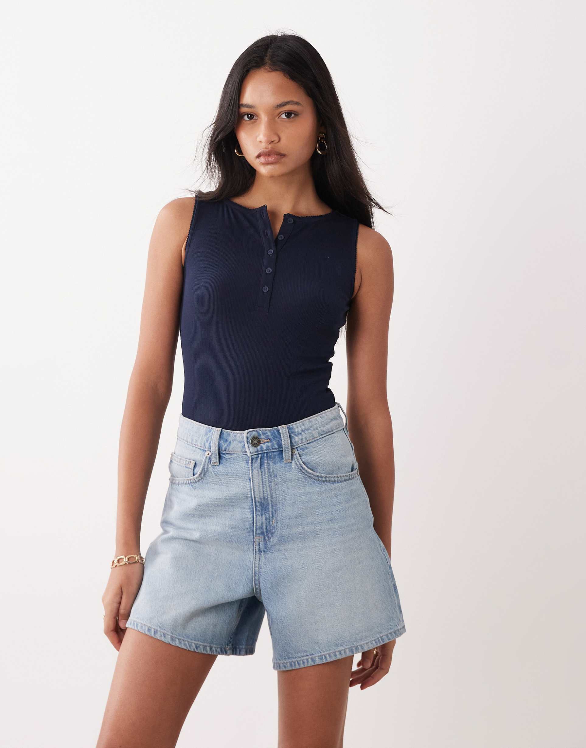 miss selfridge button through sleeveless bodysuit in navy