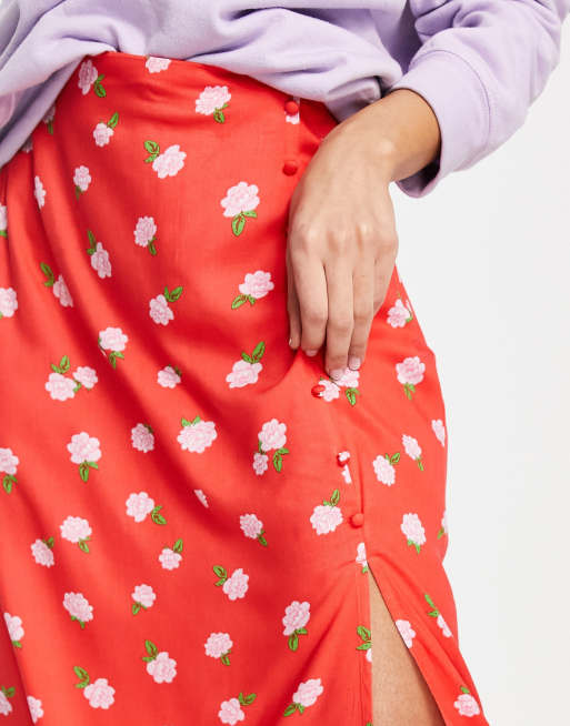 Miss Selfridge button through split midi skirt in red stamp rose, 3 of 4