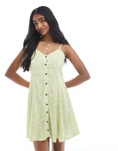 Miss Selfridge button through spun mini dress green floral - view 1
