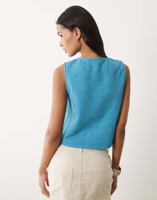 Miss Selfridge button through tank top on aqua blue, 3 of 4