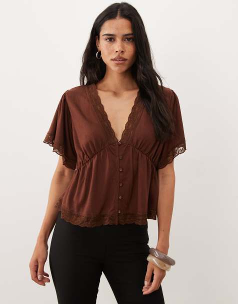 Miss Selfridge button-through tea top with lace trim in chocolate brown - view 1