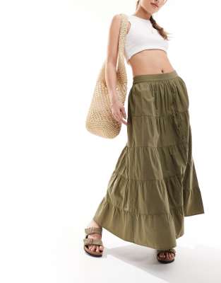 Miss Selfridge button through tiered prairie maxi skirt in khaki-Green