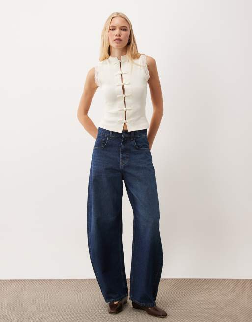 Miss Selfridge button top top with mandarin collar and lace trim in cream, 2 of 4