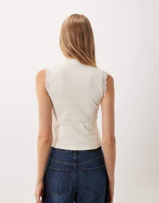Miss Selfridge button top with mandarin collar and lace trim in cream, 4 of 4