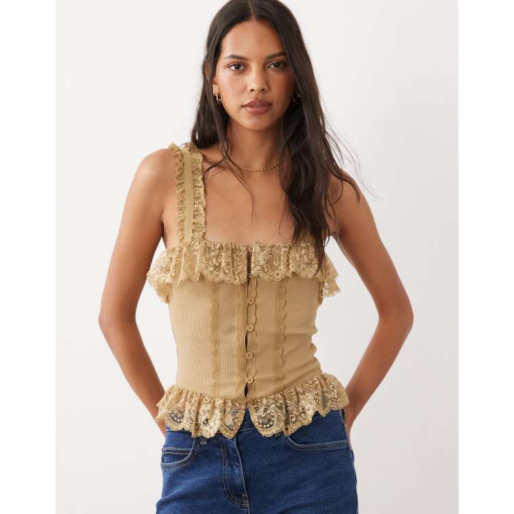 Miss Selfridge button up cami corset top with lace in khaki | ASOS