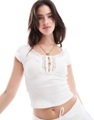 button up lace trim short sleeve top in white