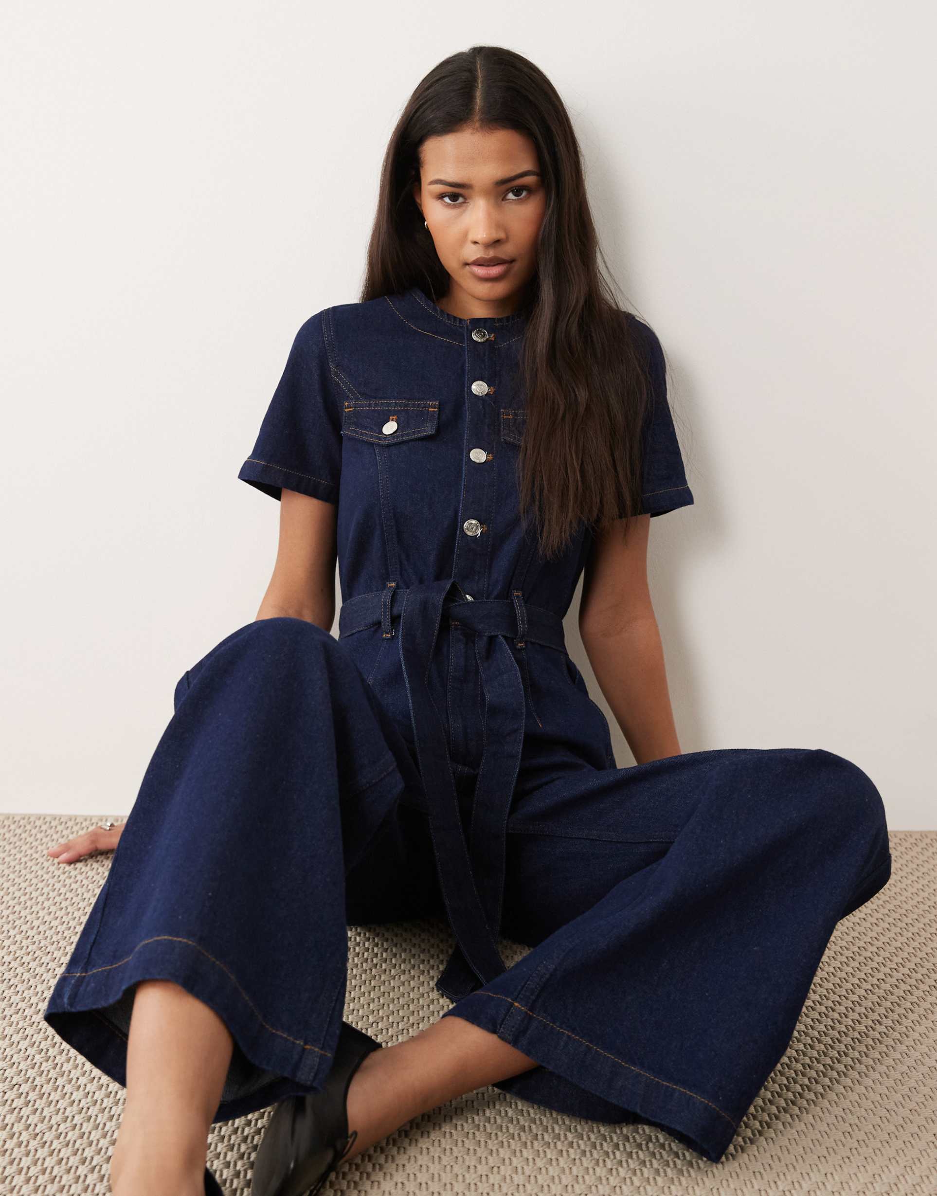 miss selfridge button up military jumpsuit in indigo wash