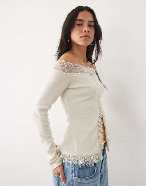 Miss Selfridge button up off the shoulder top with lace trim in cream - view 1