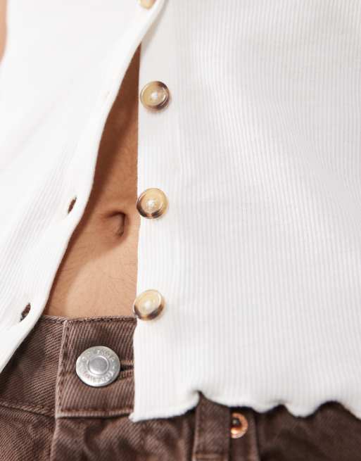 Miss Selfridge button up ribbed cami in white, 3 of 4