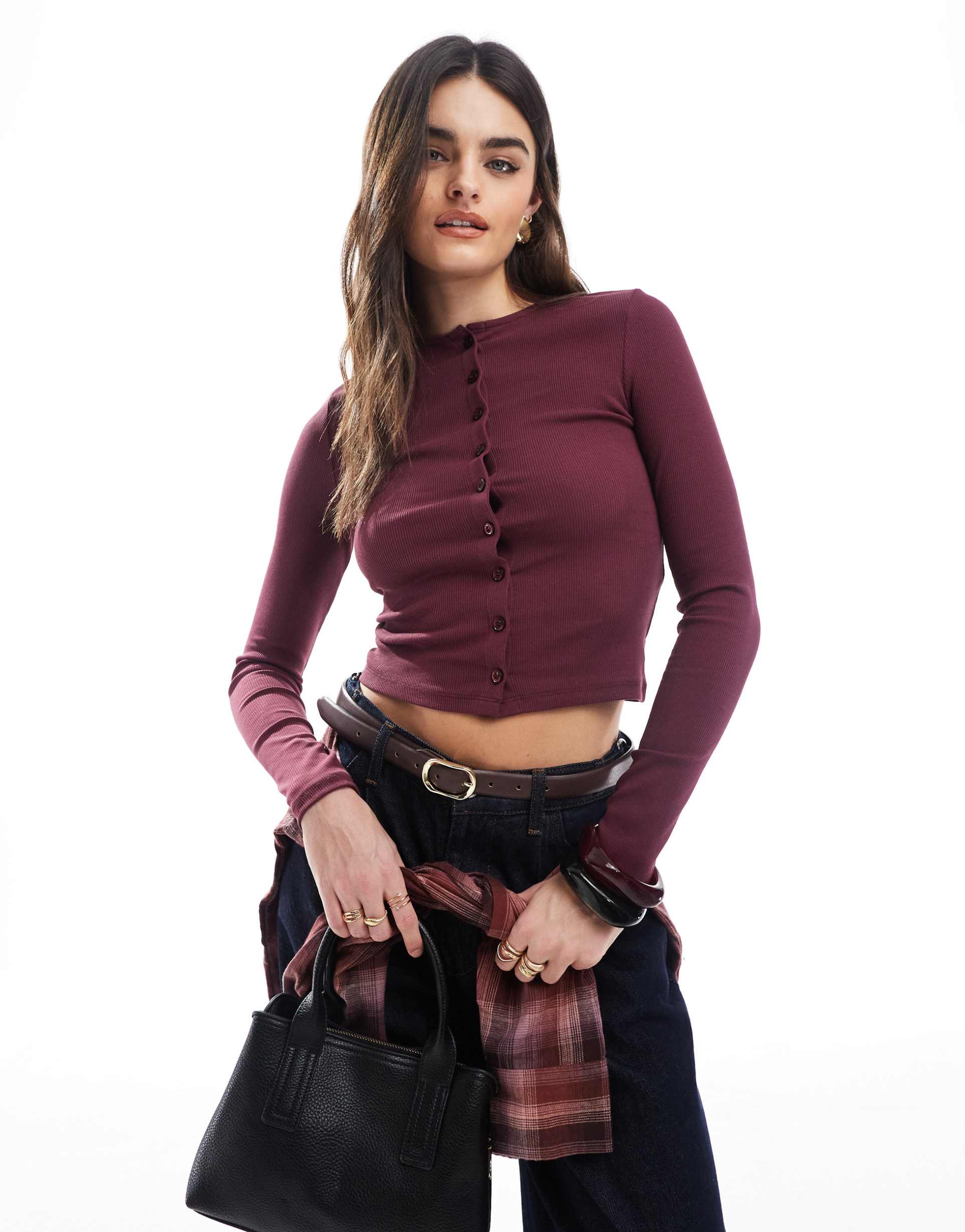 miss selfridge button up ribbed crew neck cardigan in burgundy