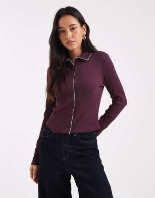 Miss Selfridge Button Up Ribbed Shirt With Blanket Stitch Detailing In Pink