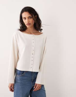 Miss Selfridge Button Up Slash Neck Cardigan With Flared Sleeve In White
