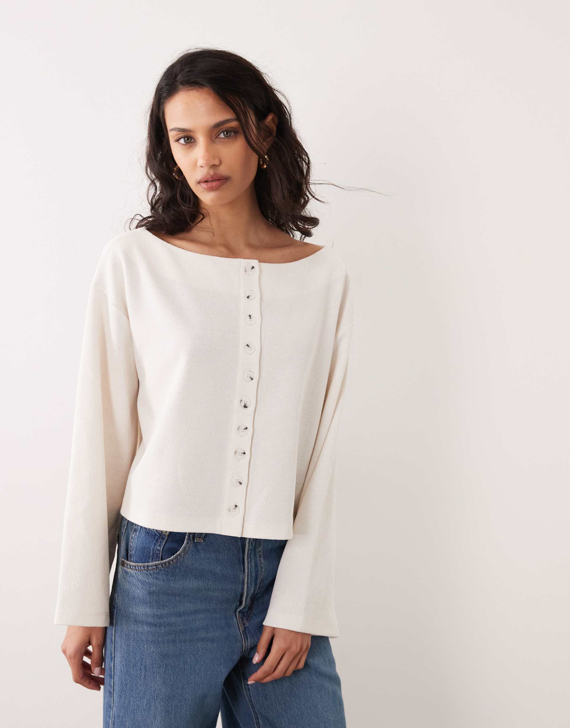 miss selfridge button up slash neck cardigan with flared sleeve in cream