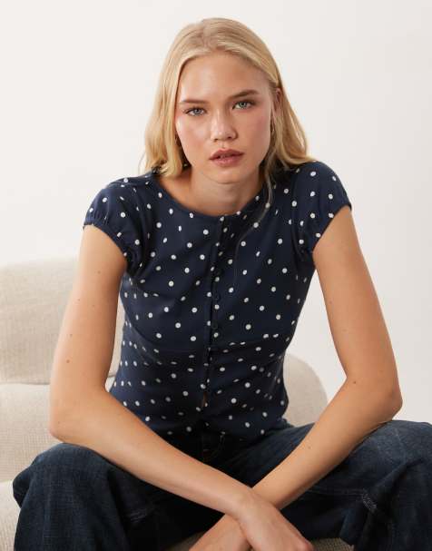 Miss Selfridge button up slash neck top in navy polka dots - view 1