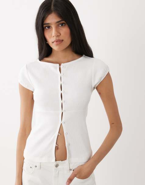 Miss Selfridge button up slash neck top in white - view 1