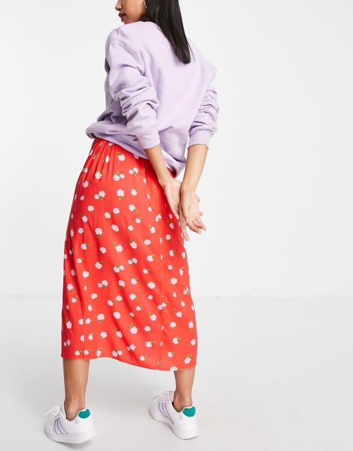 Miss Selfridge button up slit midi skirt in red stamp rose, 2 of 4