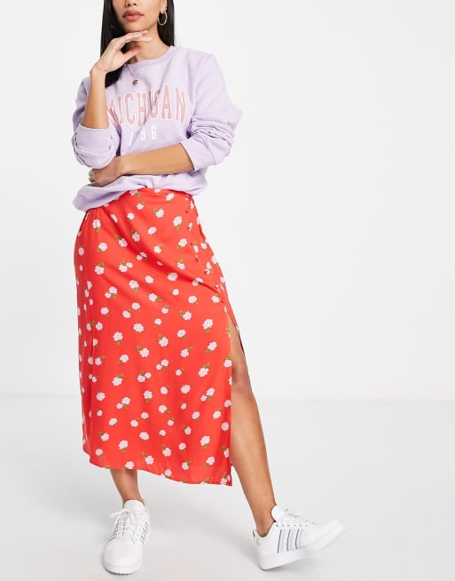 Miss Selfridge button up slit midi skirt in red stamp rose, 4 of 4