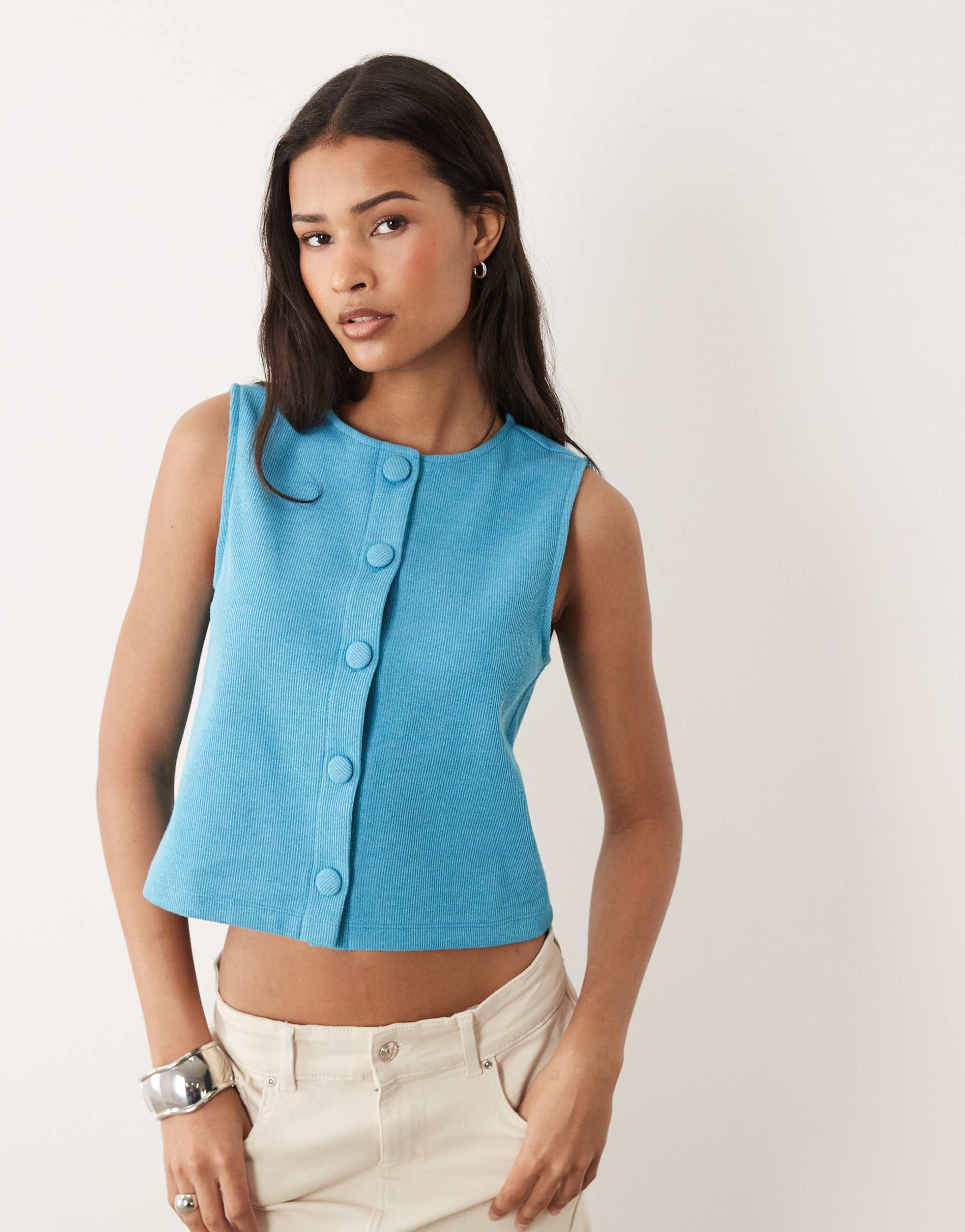 miss selfridge button up tank top on aqua blue