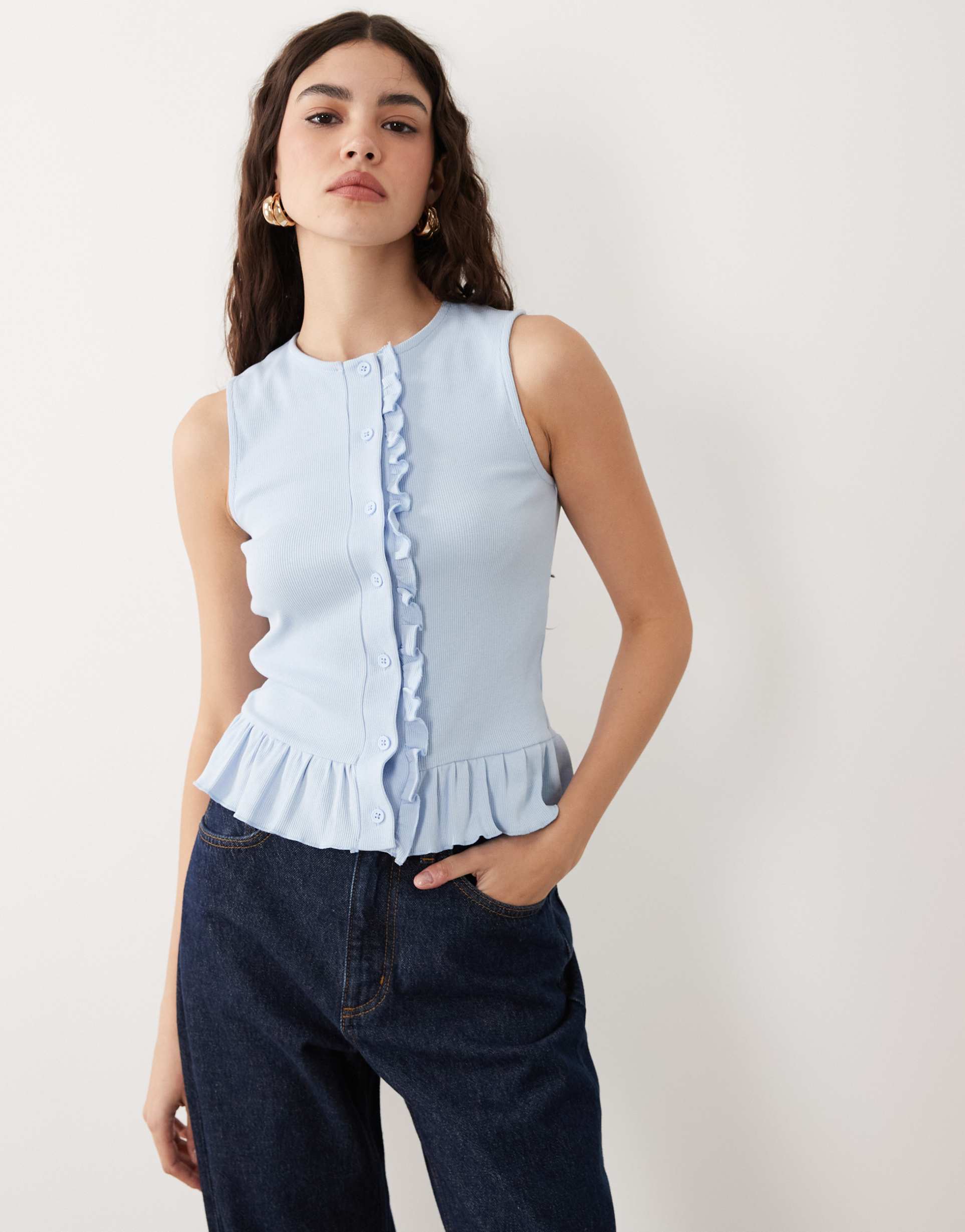 miss selfridge button up tank with frill hem n blue