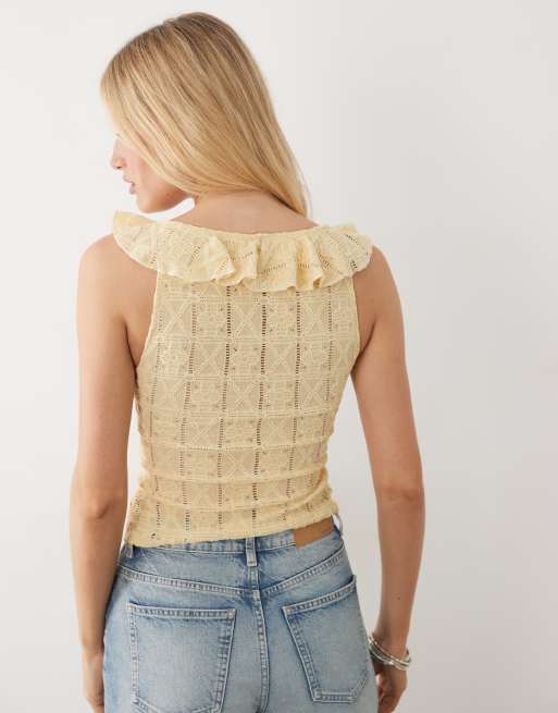 Miss Selfridge button up textured broderie tank in butter yellow, 4 of 4
