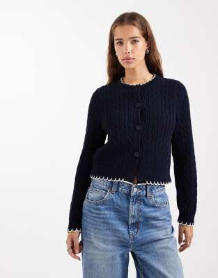 Miss Selfridge Miss Selfridge cable cardigan with blanket stitch detail in navy