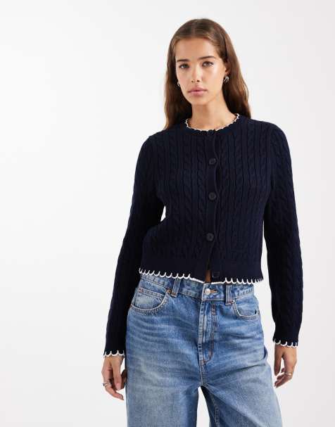 Miss Selfridge cable cardigan with blanket stitch detail in navy - view 1