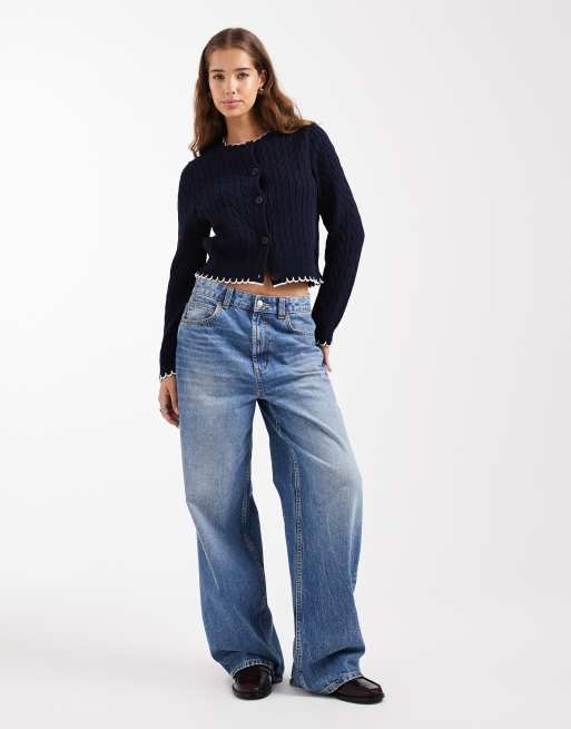 Miss Selfridge cable cardigan with blanket stitch detail in navy, 2 of 4
