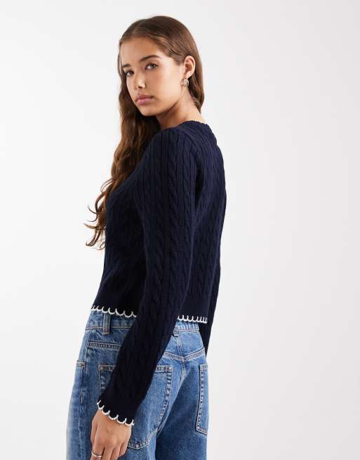 Miss Selfridge cable cardigan with blanket stitch detail in navy, 3 of 4