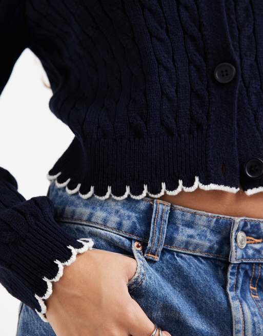Miss Selfridge cable cardigan with blanket stitch detail in navy, 4 of 4