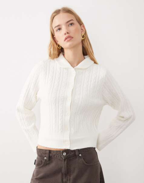 Miss Selfridge cable collar button through cardigan in cream - view 1