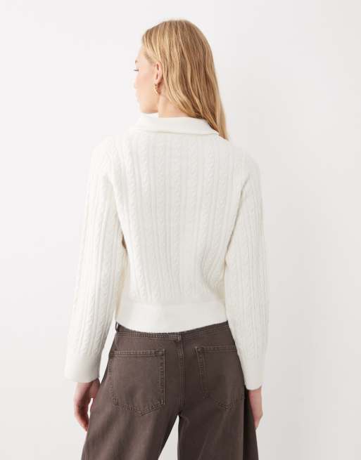 Miss Selfridge cable collar button through cardigan in cream, 3 of 4