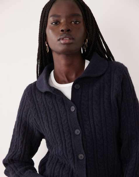 Miss Selfridge cable collar button through cardigan in navy - view 1