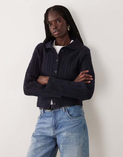 Miss Selfridge cable collar button through cardigan in navy, 2 of 4