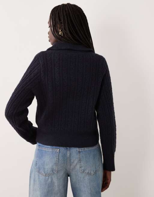 Miss Selfridge cable collar button through cardigan in navy, 3 of 4