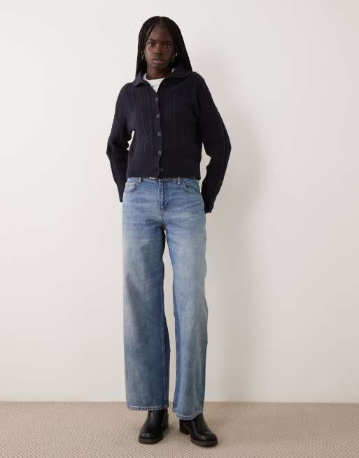 Miss Selfridge cable collar button through cardigan in navy, 4 of 4