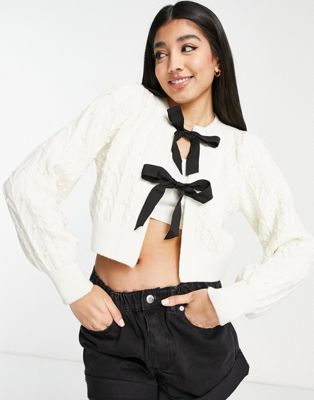 Miss Selfridge cable contrast bow cardigan in ivory | ASOS