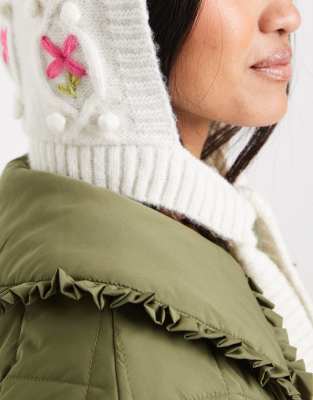 Miss Selfridge Cable Embroidered Knit Bonnet In White