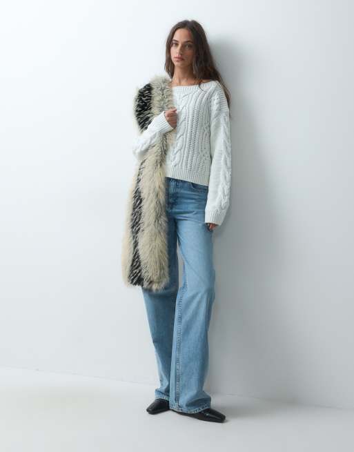 Miss Selfridge cable glitter asym jumper in cream, 2 of 5