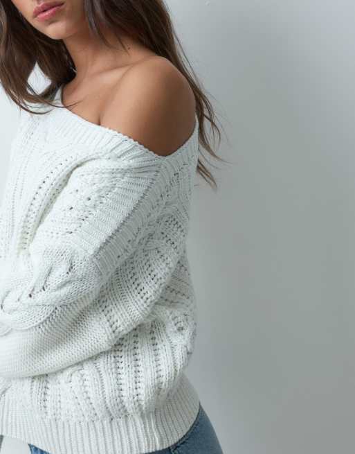 Miss Selfridge cable glitter asym jumper in cream, 3 of 5